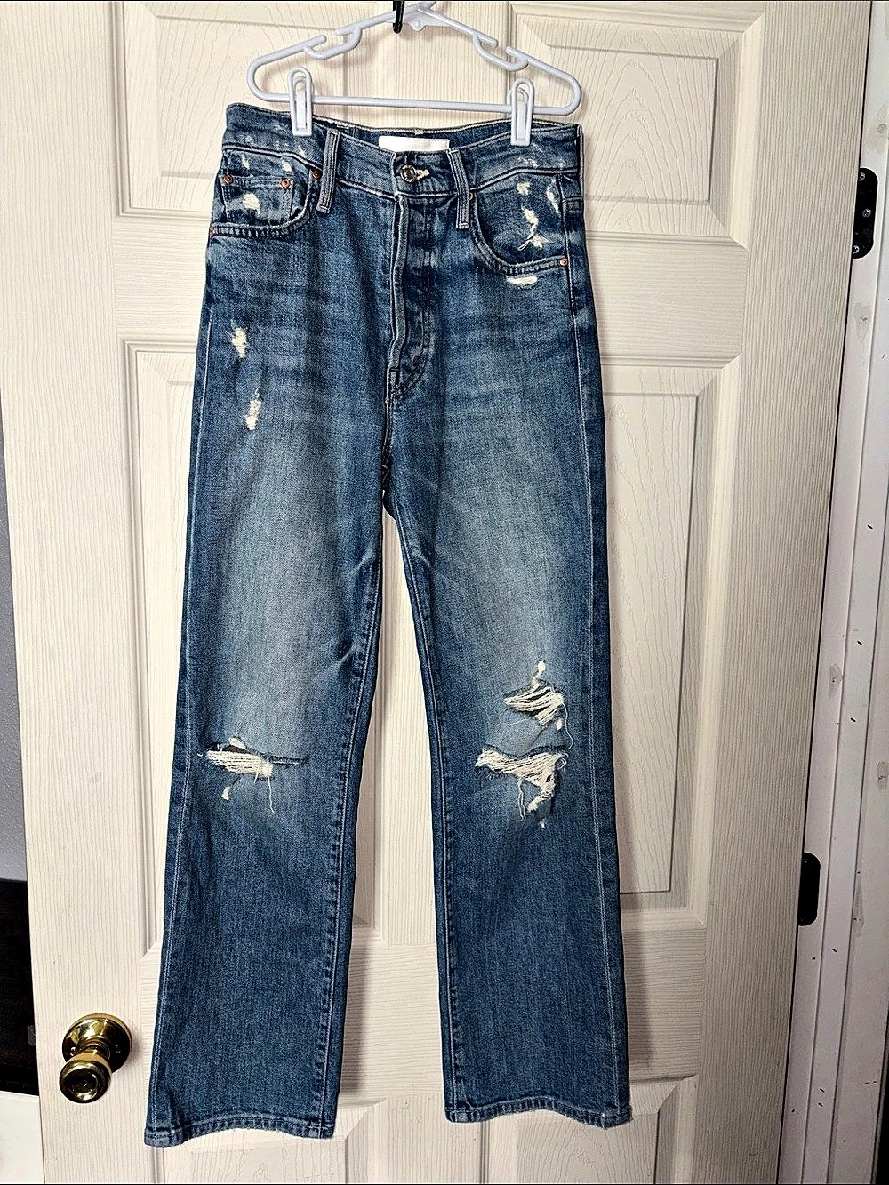 Mother Rambler Ankle Distressed Straight Leg Jeans in Blue Waist 24